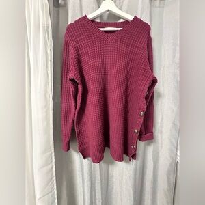 Woman Within Plum V-Neck Waffle Knit Sweater with Side Button Trim